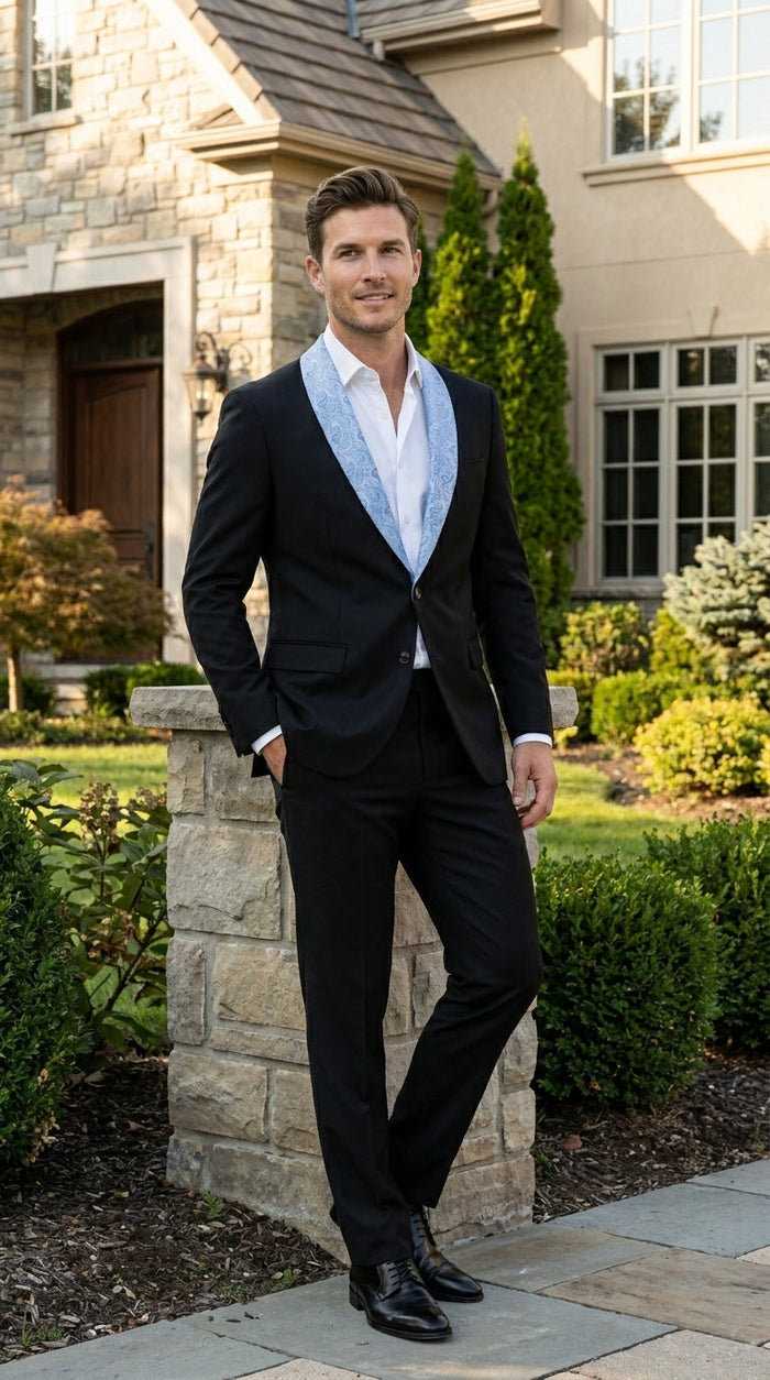 Men’s Black Suit with Light Blue Lapel – Modern Formal Tuxedo Style Suit for Wedding, Prom, Party and Sky Powder Blue Color
