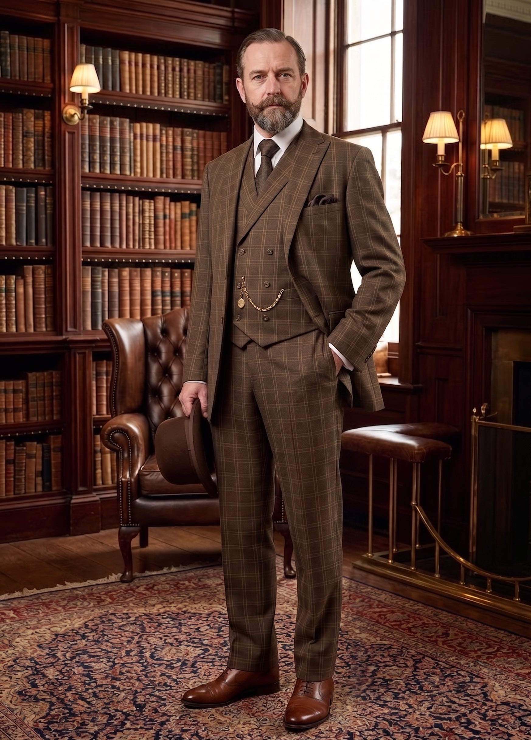 Men’s Edwardian Brown Plaid 3-Piece Suit – Vintage Double-Breasted Vest Wedding and Formal Suit - 34 Short or Extra Small