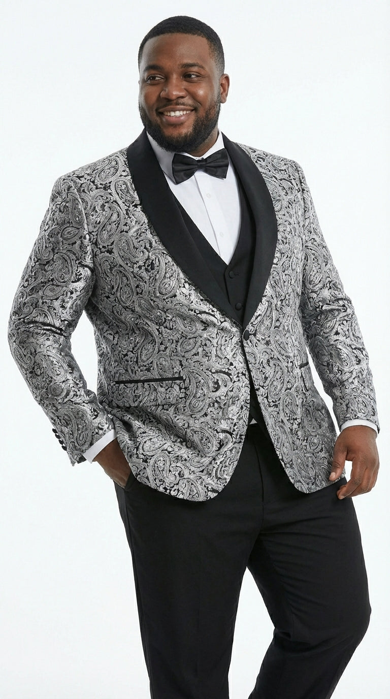 Mens Black and Silver Floral Tuxedo – Luxury Patterned Wedding, Prom and Formal Dinner Tuxedo - 34 Short or Extra Small
