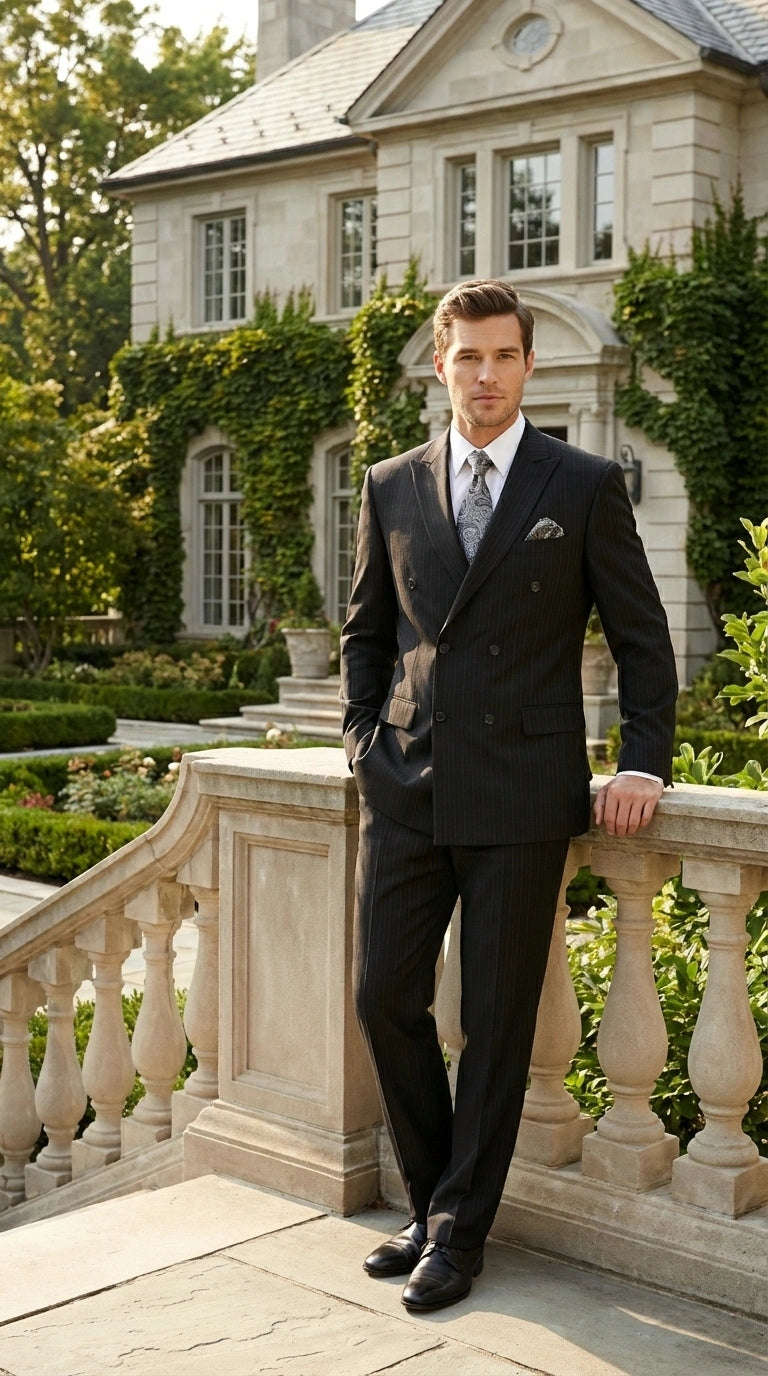 Men’s Black Pinstripe Double Breasted Suit – Peak Lapel Classic Fit Formal Business Conservative settle stripe - 34 Short or Extra Small