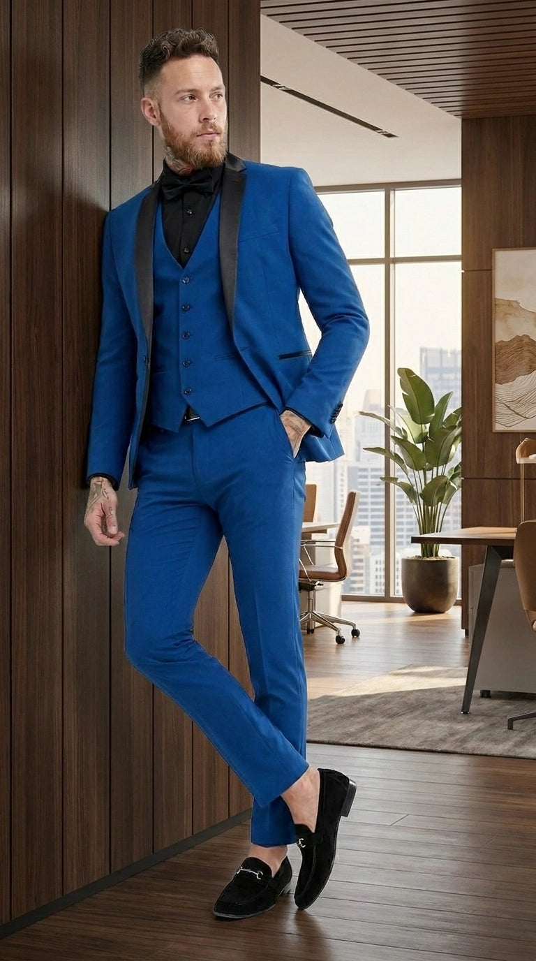 Men’s Royal Blue 3 Piece Suit with Black Lapel – Modern Formal Suit for Wedding, Prom and Party Wear - 34 Short or Extra Small