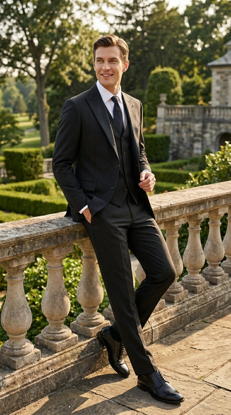 Vitali Mens Black Tone on Tone Shadow Stripe Vested Suit Set – 3 Piece Modern Fit Pinstripe Two Buttons - 34 Short or Extra Small