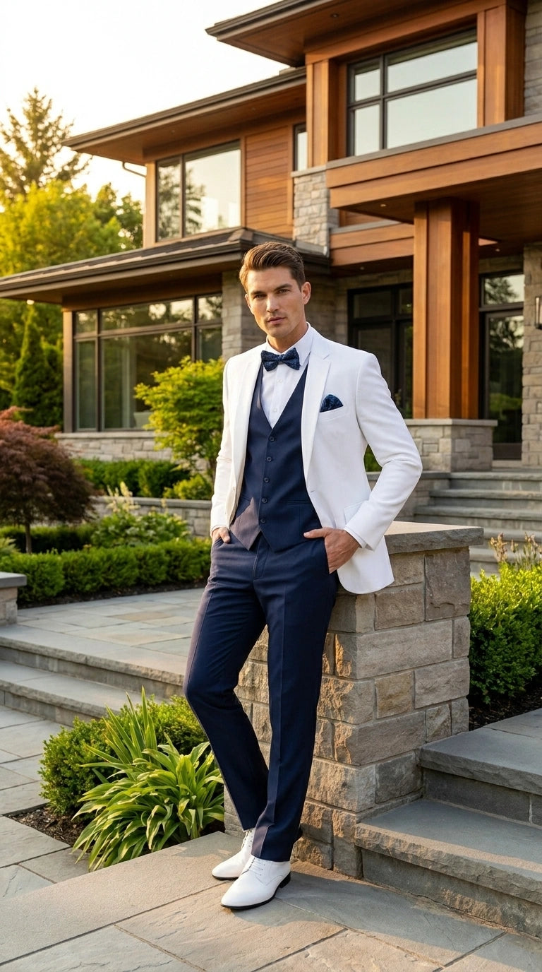 Men’s White and Navy blue tuxedo  3 Piece Suit – Classic White Blazer with Navy Vest and Pants for Wedding, Party + Bowtie - 34 Short or Extra Small