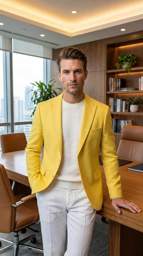 Zacci Brand Men’s Lemon Yellow Blazer Peak Lapel Hopsack Weave – Stylish Formal Blazer Jacket for Wedding, Party, Prom and Smart Casual Wear