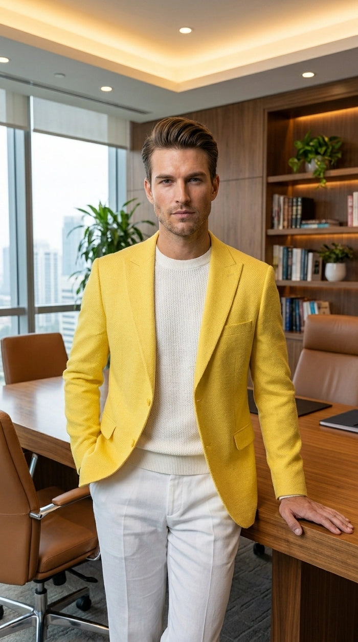 Zacci Brand Men’s Lemon Yellow Blazer Peak Lapel Hopsack Weave – Stylish Formal Blazer Jacket for Wedding, Party, Prom and Smart Casual Wear