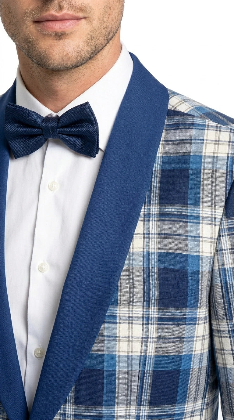 Men’s Tartan Blue Plaid and Solid Blue Tuxedo – Modern Check Pattern Formal Suit for New Year - Christmas - Holiday Jacket with Pants - 34 Short or Extra Small