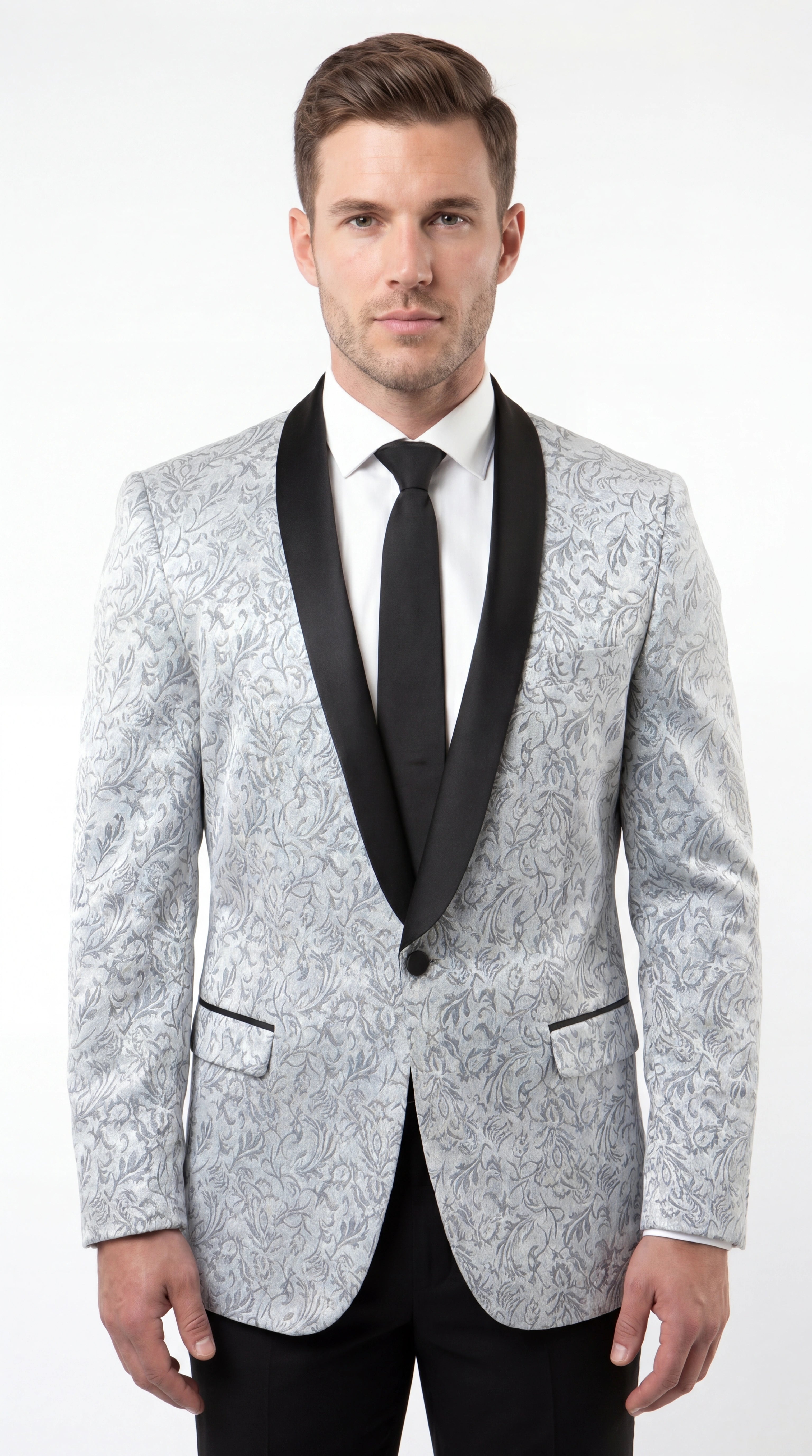 Men’s Silver and Black Floral Blazer – Elegant Formal Tuxedo Style Blazer Jacket for Wedding, Party, Prom and Evening Wear - 36R