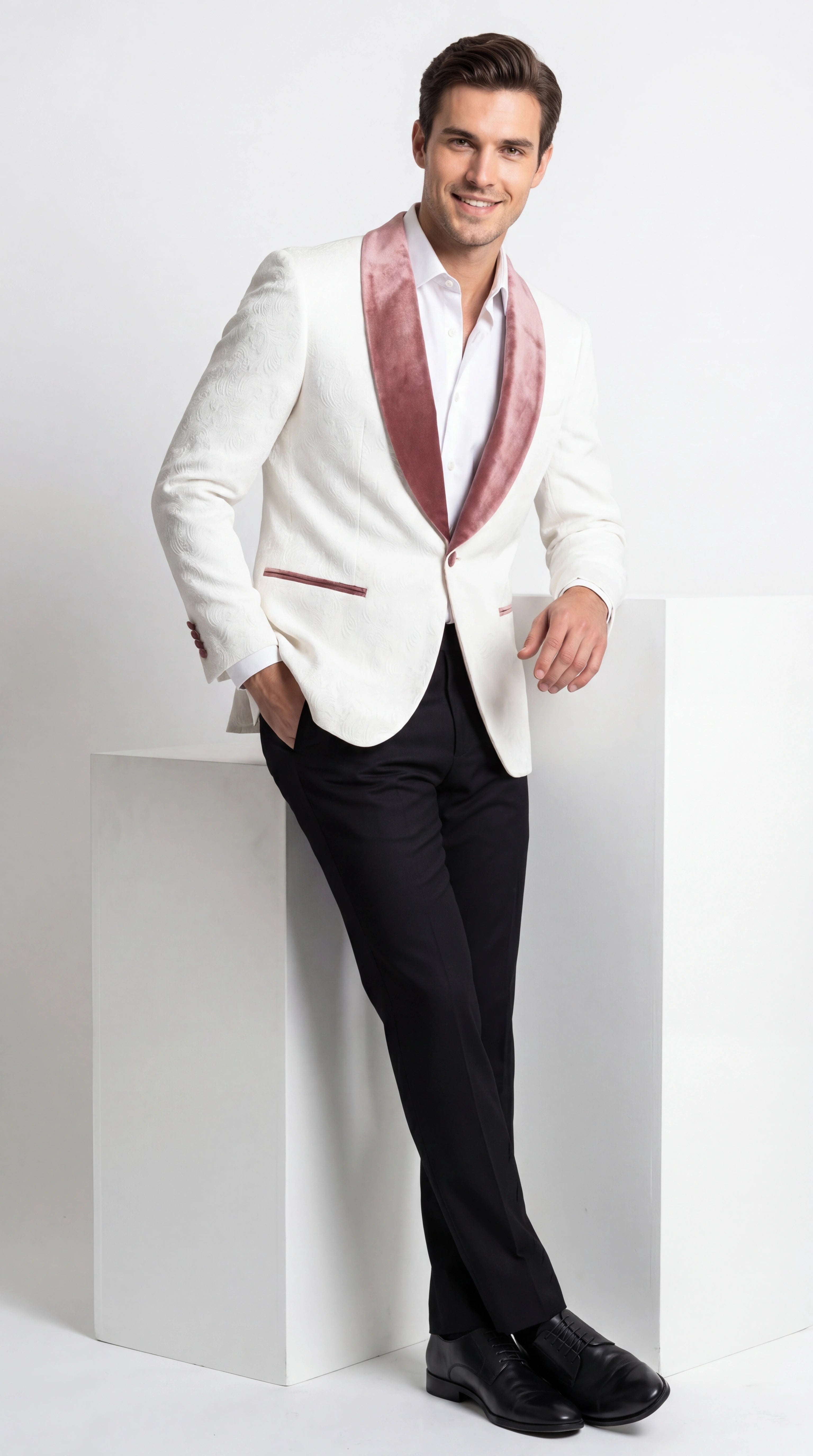 Men’s Ivory and Rose gold Floral Blazer – Elegant Shawl Lapel Formal Blazer Jacket for Wedding, Party, Prom - 36 Short
