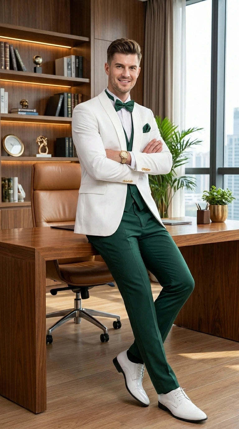 Men’s White and Hunter Green 3 Piece Suit – Elegant Formal Suit with Vest, Wedding Tuxedo Suit for Prom and Party Wear - 34 Short or Extra Small