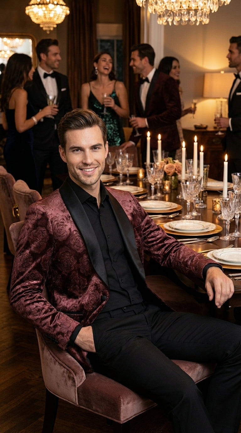 Mens Rust Copper Brick color Floral Jacquard Pasiley Blazer – Pattern Dinner Jacket with Black Shawl Lapel for Formal dinners and Wedding - 36 Short