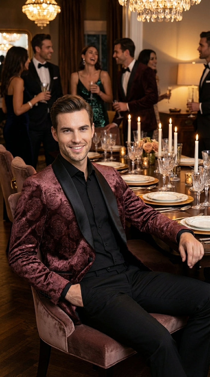 Mens Rust Copper Brick color Floral Jacquard Pasiley Blazer – Pattern Dinner Jacket with Black Shawl Lapel for Formal dinners and Wedding-Light Brown Color