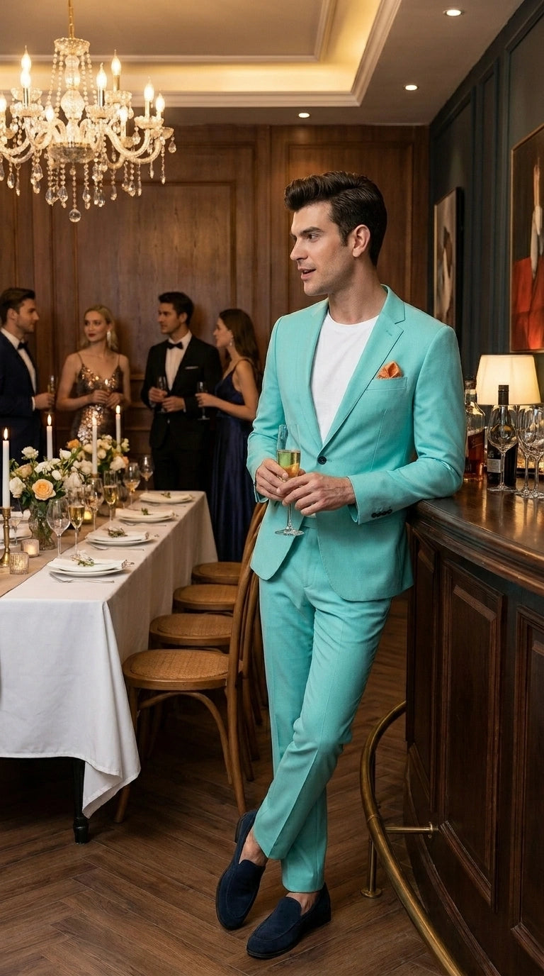 Men’s Turquoise 2 Piece Suit with Jacket and Pants, Formal Wedding Suit for Prom, Parties, Summer Events, and Special Occasions - 34 Short or Extra Small