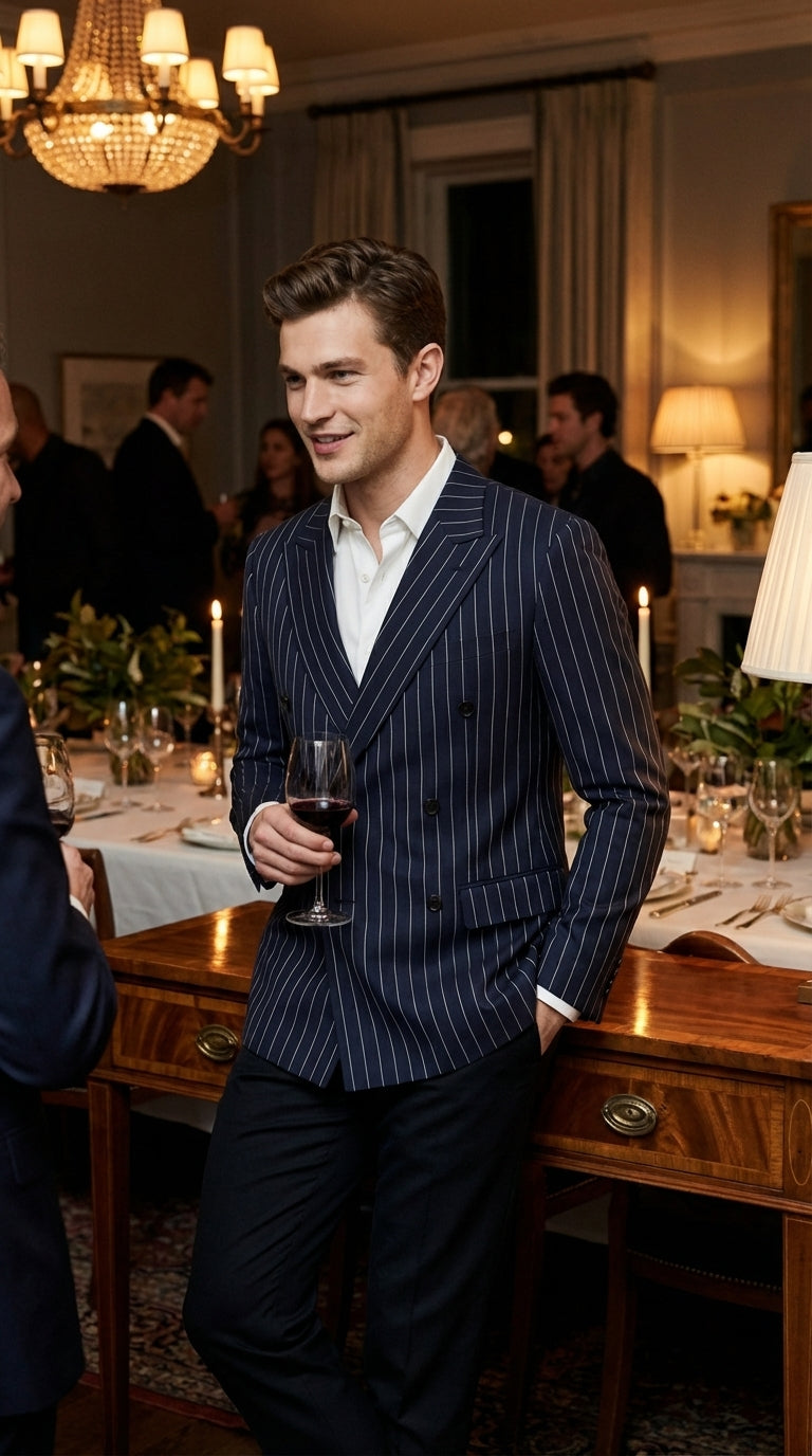 Mens Navy Blue Pinstripe Double Breasted Blazer Sport Coat – Classic Formal Business Jacket for Party and Smart Casual Wear - 36 Short
