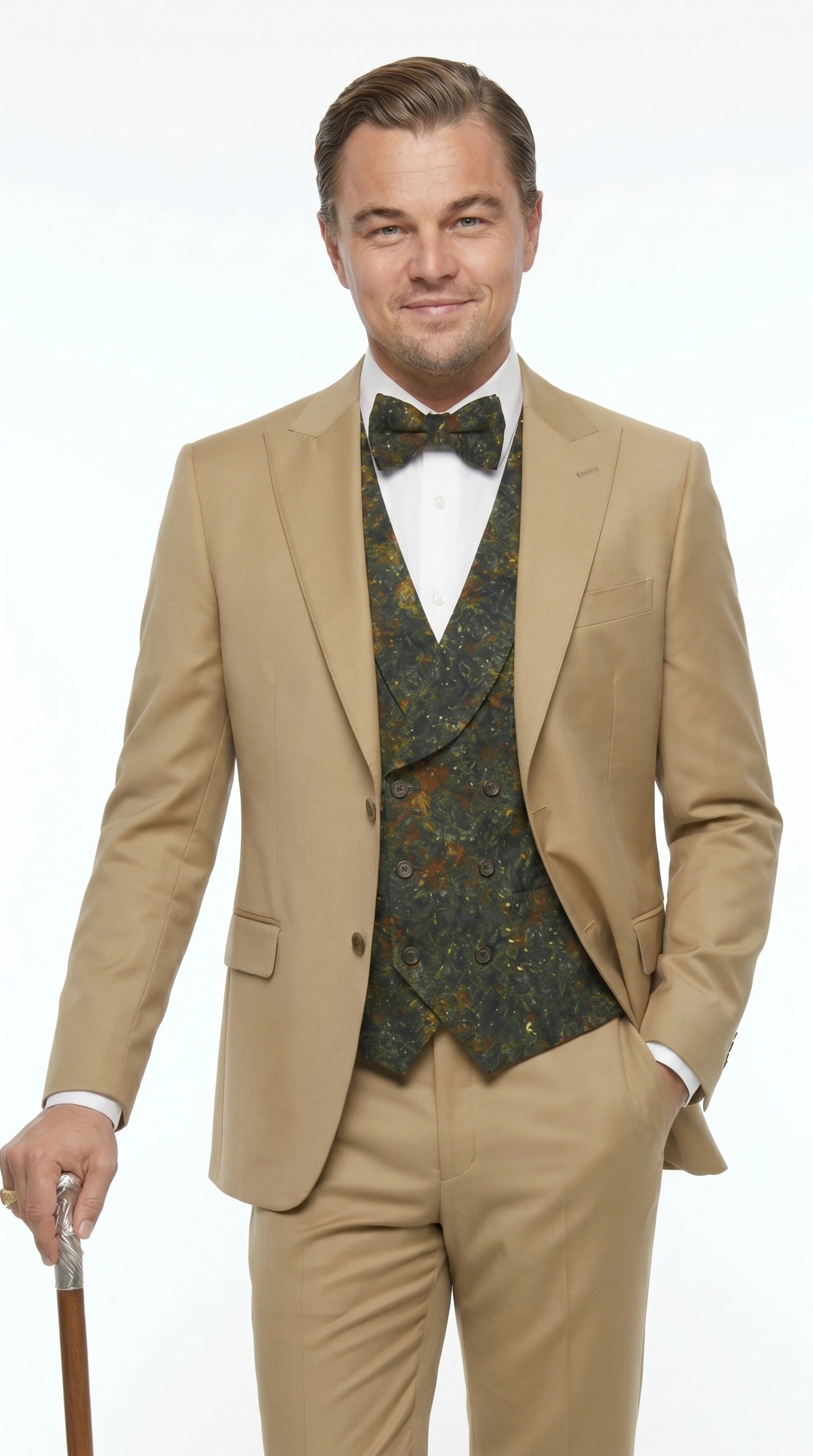 Men’s Khaki 3 Piece Suit with Patterned Vest, Great Gatsby Inspired Formal Suit for Weddings, Mardi Gra in Tan Camel Color - 34 Short or Extra Small