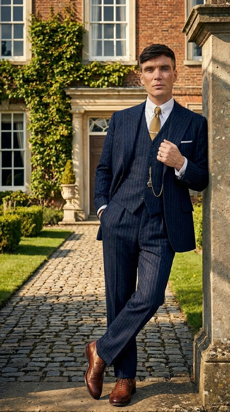 Men’s Navy Blue Pinstripe 3 Piece Suit, Thomas Shelby Inspired Vintage Formal Suit for Weddings, Parties, Prom, and Special Events - 34 Short or Extra Small