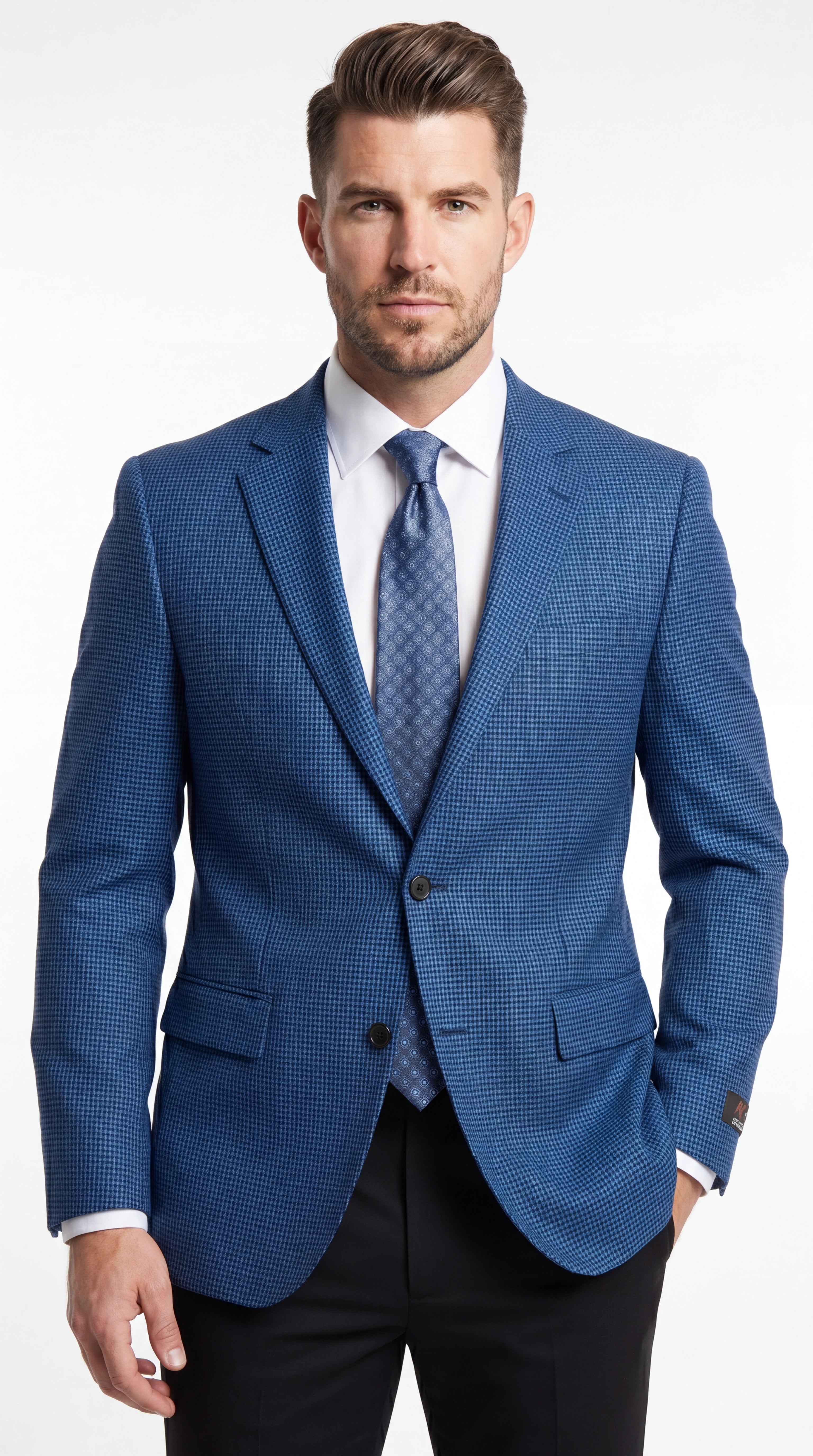 Men’s Blue Houndstooth Blazer Jacket, Check Pattern Formal Sport Coat for Weddings, Prom, Parties, and Special Occasions - 36 Short