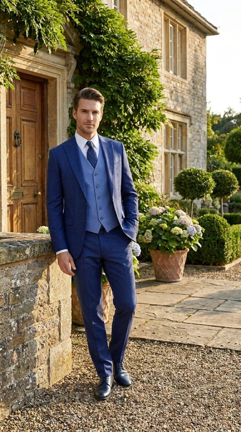 Vitali Men’s Navy Blue 3 Piece Suit with Light Blue Vest, Textured Formal Dress Suit for Weddings, Prom, Business Events, and Parties - 34 Short or Extra Small