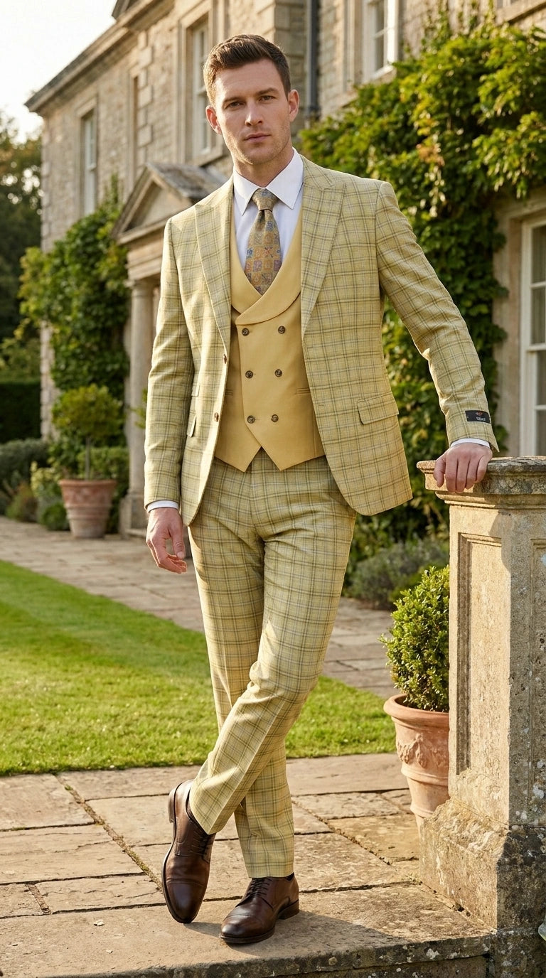 Vitali Men’s Sage Beige Tan Plaid 3 Piece Suit, Check Pattern Formal Dress Suit for Weddings, Prom, Business Events, Modern Fit Light Yellow Color - 34 Short or Extra Small