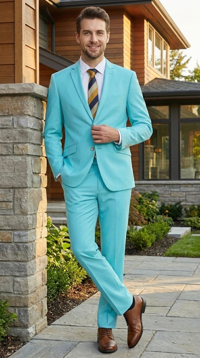 Men’s Aqua Blue 2 Piece 2 Button Suit, Formal Dress Suit for Weddings, Prom, Parties, Summer Events, Turquoise Light blue - 34 Short or Extra Small