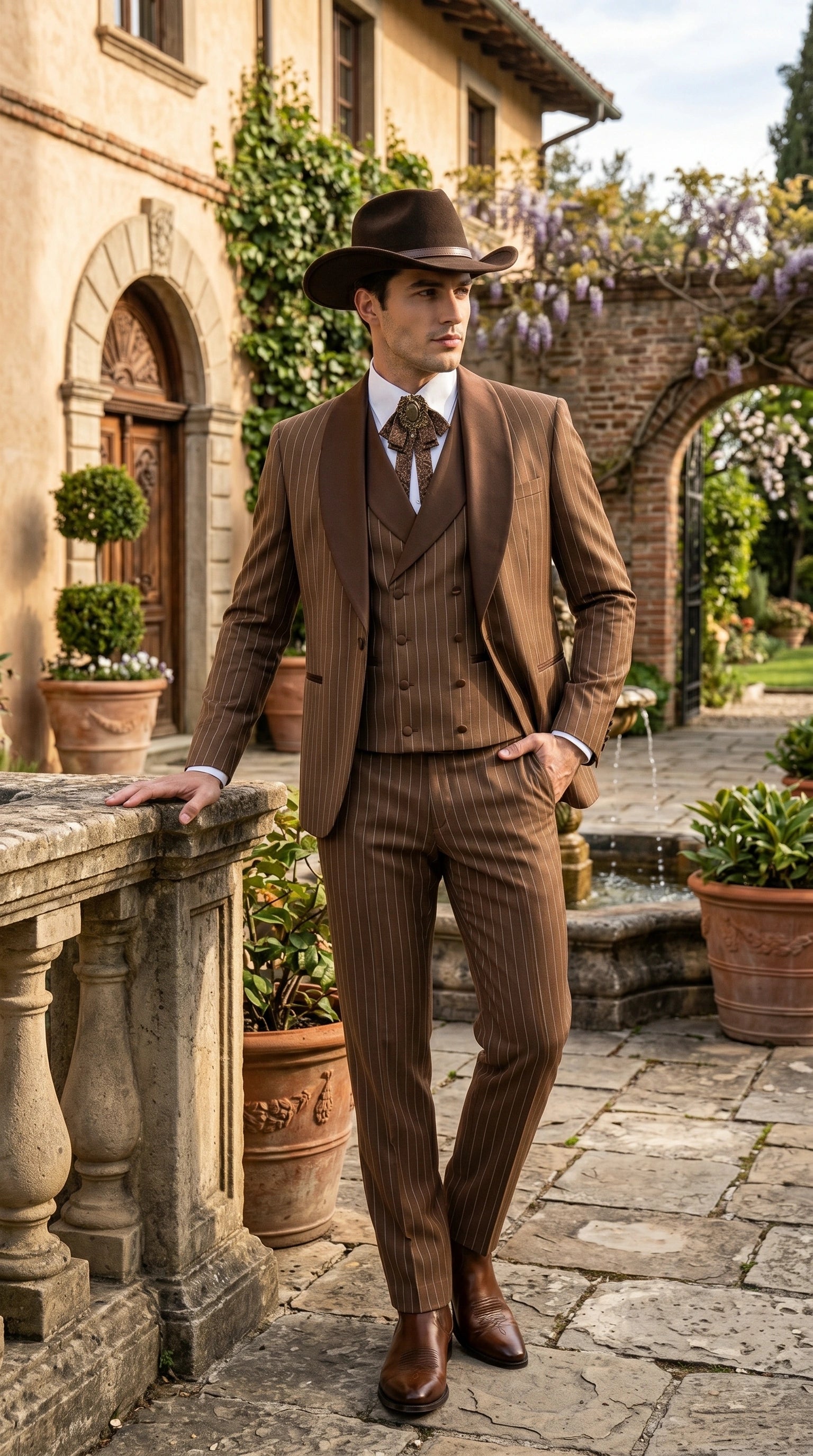 Men’s Brown Pinstripe Western Cowboy Tuxedo, Contrast Shawl Lapel Formal Suit for Weddings, Prom, Parties, and Special Occasions - 34 Short or Extra Small