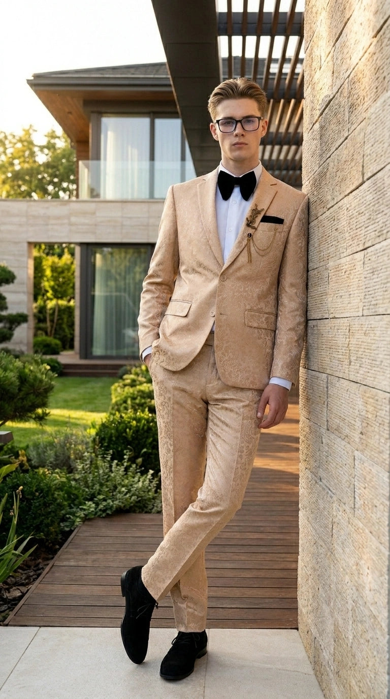 Men’s Champagne Gold Paisley Prom Tuxedo, Formal Dinner Suit for Prom, Weddings, Parties in Tan Color - 34 Short or Extra Small