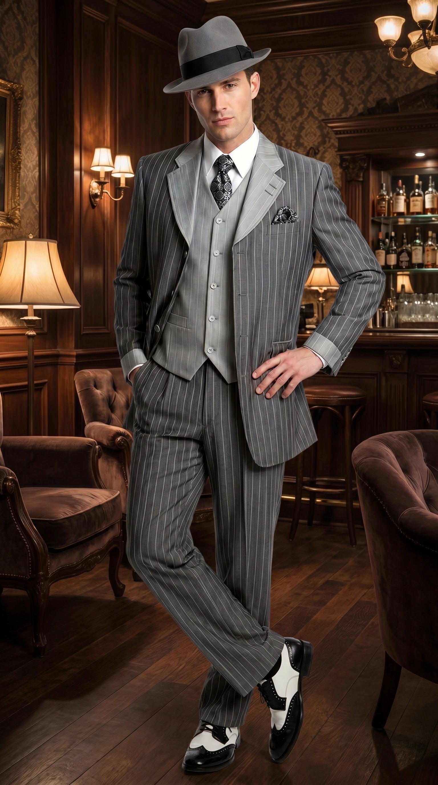 Men’s Grey Pinstripe 1920s Gangster 3 Piece Suit, Contrast Lapel Vintage Formal Suit for Parties, Prom, Weddings, and Theme Events - 34 Short or Extra Small