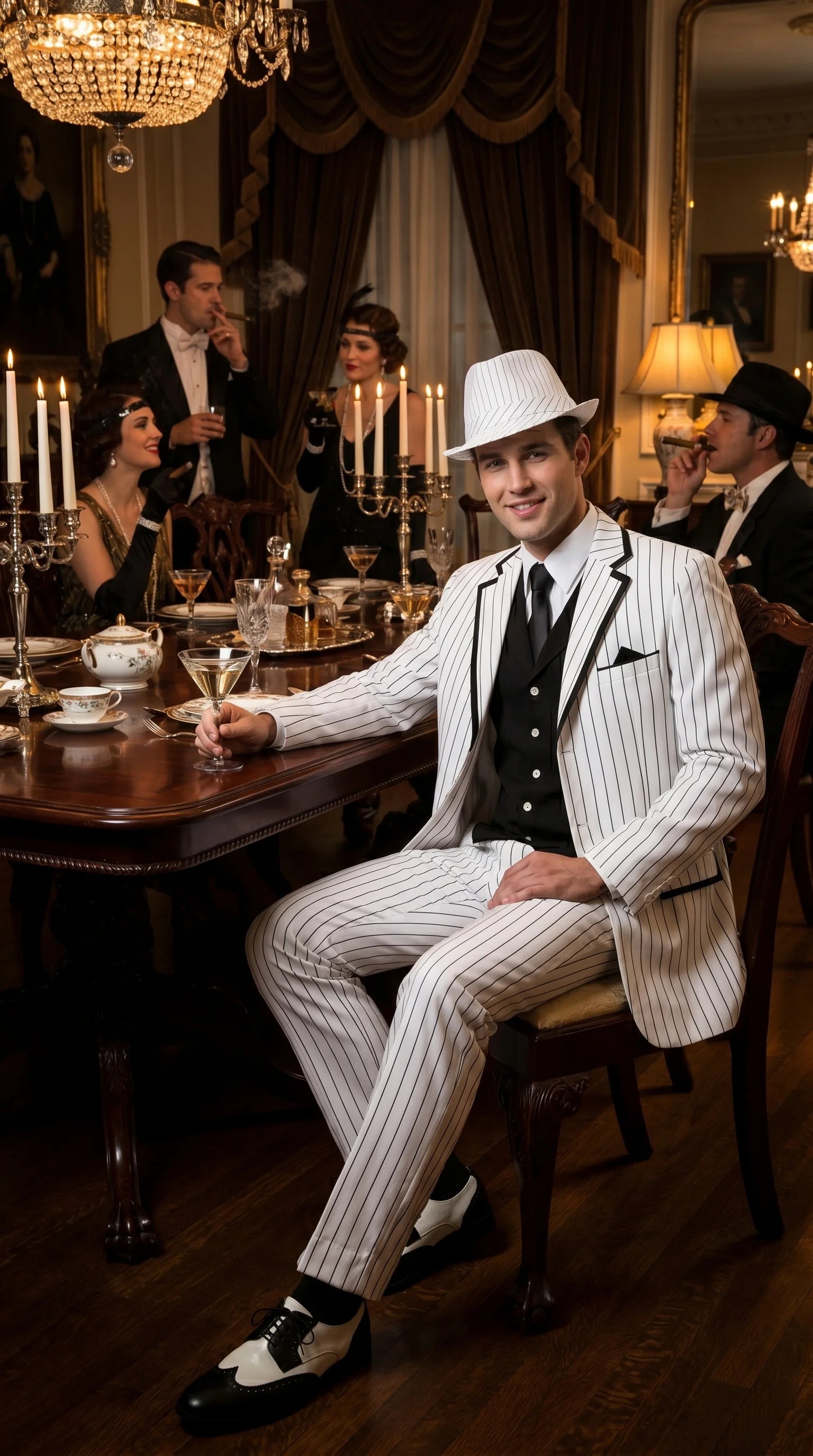 Men’s White Pinstripe 1920s Gangster 3 Piece Suit, Black Contrast Formal Costume Suit for Parties, Prom, Weddings, and Theme Events - 34 Short or Extra Small