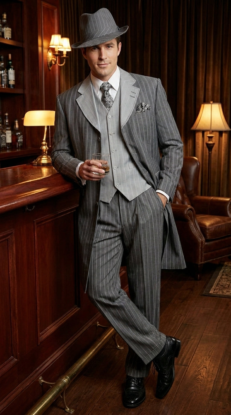 Men’s Grey Pinstripe Zoot Suit 3 Piece – 1920s Gangster Vintage Wide Lapel Suit with Vest for Wedding, Party - 34 Short or Extra Small