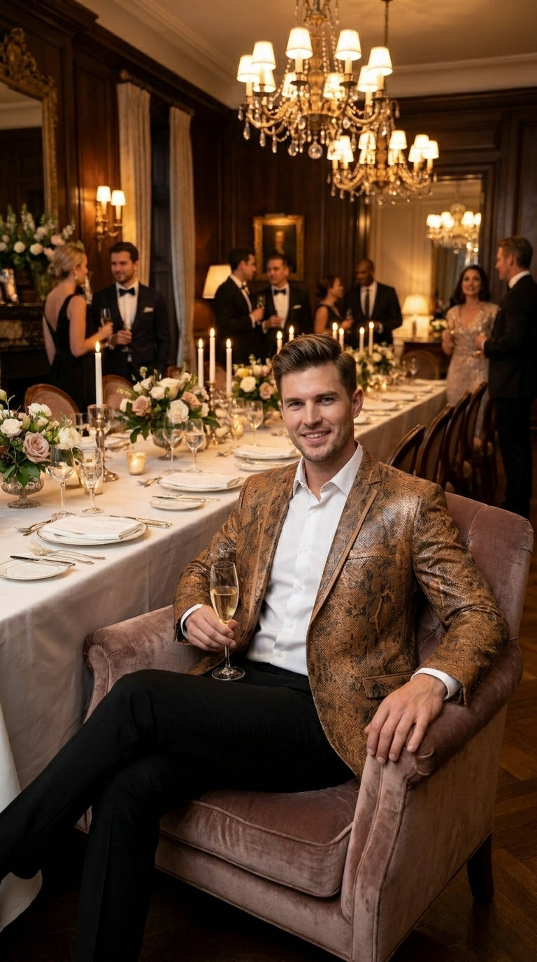 Men’s Brown Snakeskin Pattern Blazer – Stylish Exotic Print Formal Blazer Jacket for Party, Exotic Crocodile Alligator Print - 36 Short