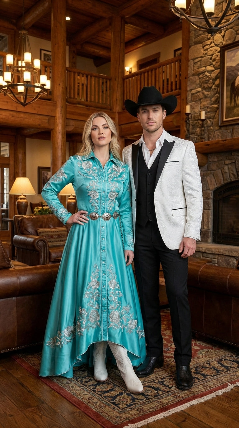 Mens White Paisley Cowboy Tuxedo with Black Satin Lapel – Western Formal Wedding Suit Jacket
