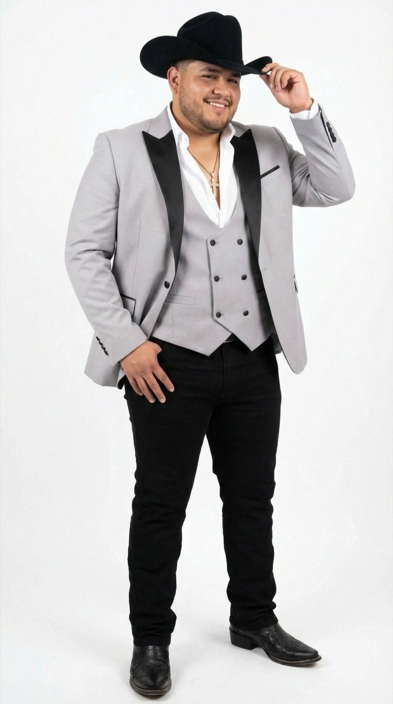 Men’s Light Gray Cowboy Tuxedo with Black Satin Lapel – Western Formal Suit with Double Breasted Vest - 34 Short or Extra Small