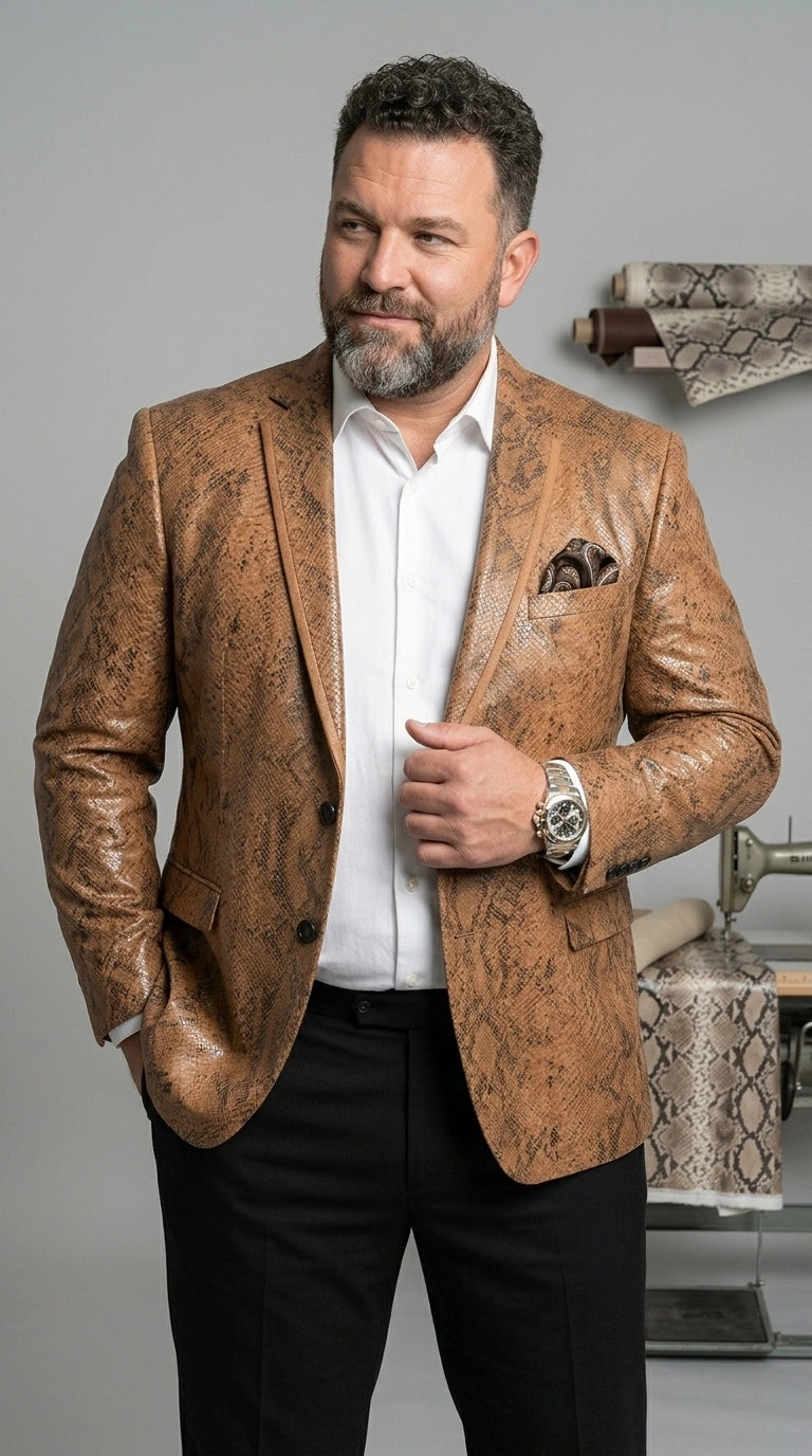 Men’s Tan Snakeskin Print Blazer, Brown Sport Coat Camel Alligator Crocodile Animal Print leopard Jacket - 36 Short