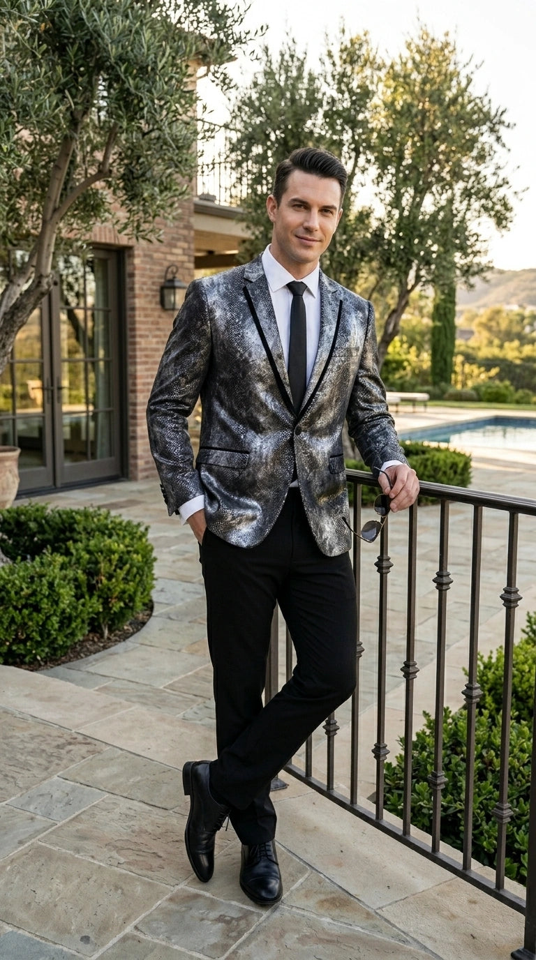 Men’s Black and Charcoal Gray Snakeskin Print Blazer, Animial Exotic Skin Alligator Crocodile Texture - 36 Short
