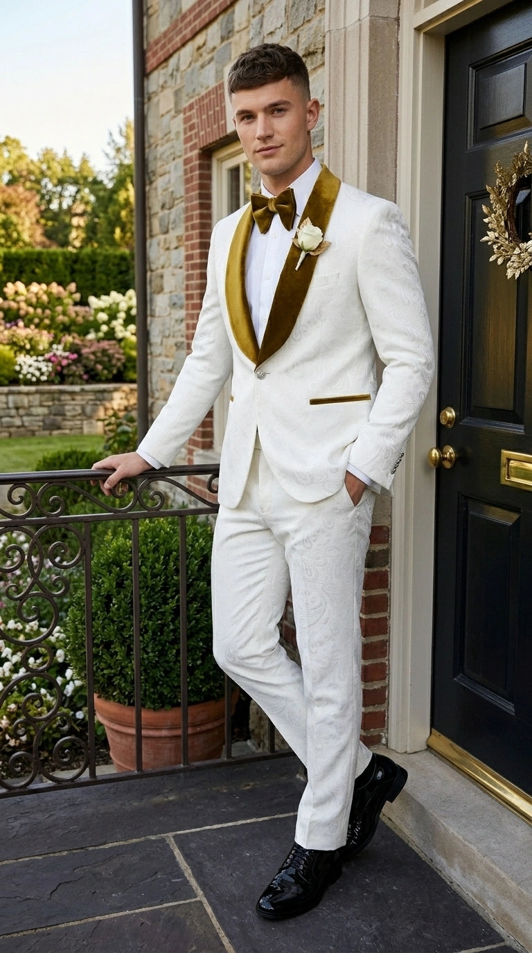 Men’s White Paisley 3 Piece With Vest Prom Tuxedo with Gold Velvet Shawl Lapel, Formal Wedding Suit Set - 34 Short or Extra Small