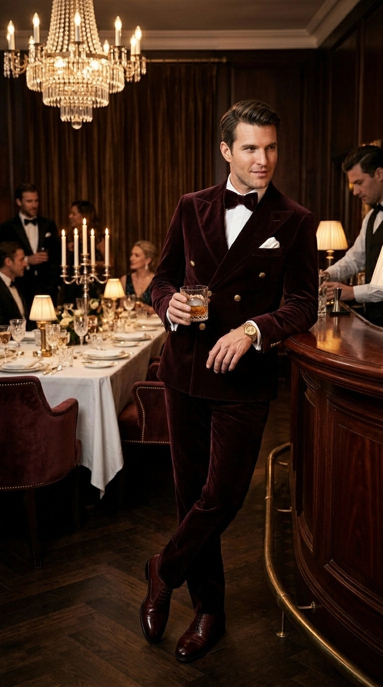 Men’s Dark Brown Velvet Blazer and Pants 2 Piece Suit, Double Breasted Formal Dinner Suit for Weddings, Prom - 34 Short or Extra Small