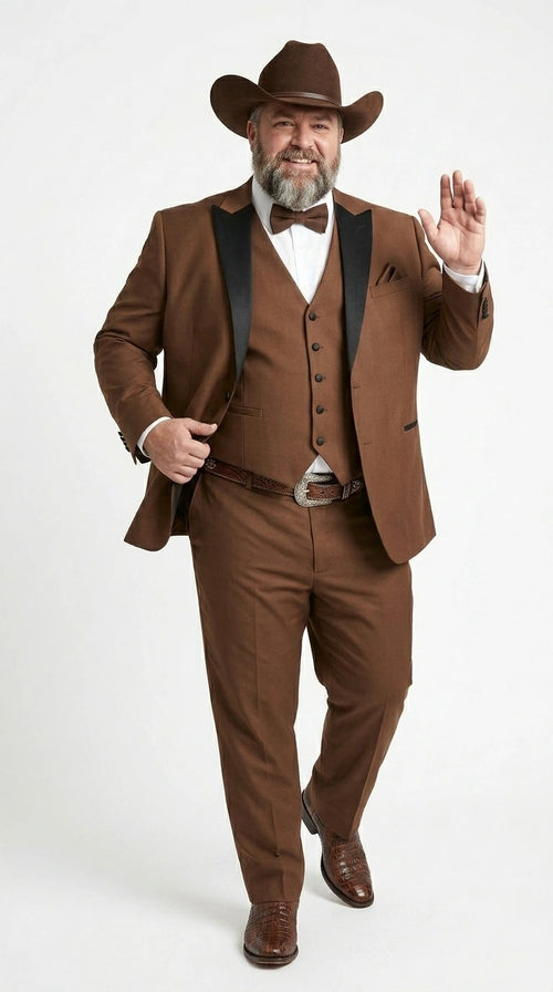 Men’s Light Brown Western Tuxedo 3 Piece Suit with Black  Collar Lapel, Country Look Cowboy Suit