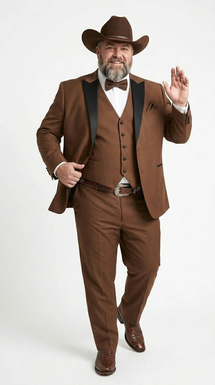 Men’s Light Brown Western Tuxedo 3 Piece Suit with Black  Collar Lapel, Country Look Cowboy Suit