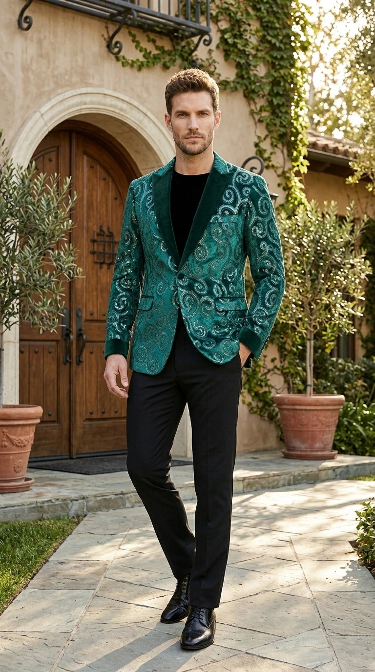 Men’s Emerald Green Paisley Tuxedo Dinner Jacket with Black Lapel, Formal Prom Wedding Party Blazer - 34 Short or Extra Small