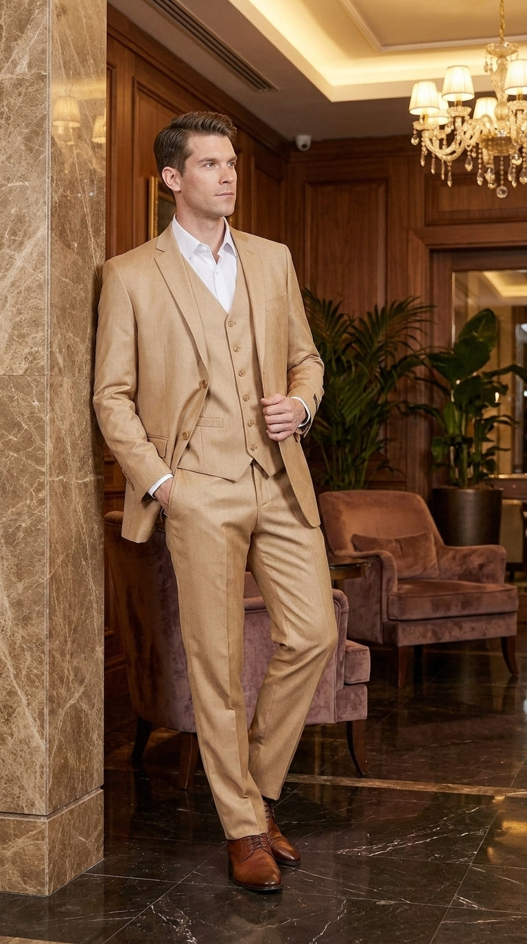 Men’s Camel Khaki Bronze Sharkskin 3-Piece Suit – Modern Wedding, Business and Formal Suit with Matching Vest - 34 Short or Extra Small