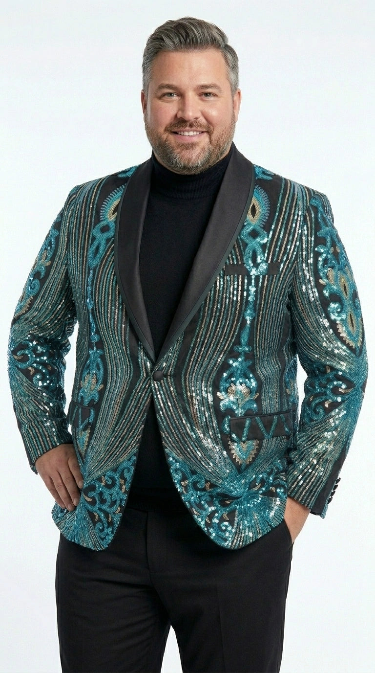 Men’s Black and Turquoise Blue With teal green Sequin Dinner Jacket, Formal Prom Wedding Paisley Floral Mardi Gra Pattern - 36 Short