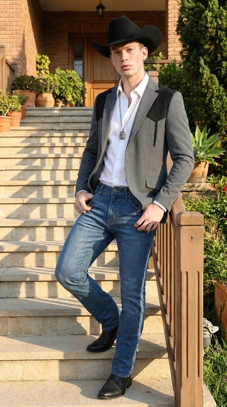 Men’s Dark Charcoal Western Blazer with Black Suede Yokes, Cowboy Sport Coat for Ranch Wedding and Country Events By Platini - 36 Short