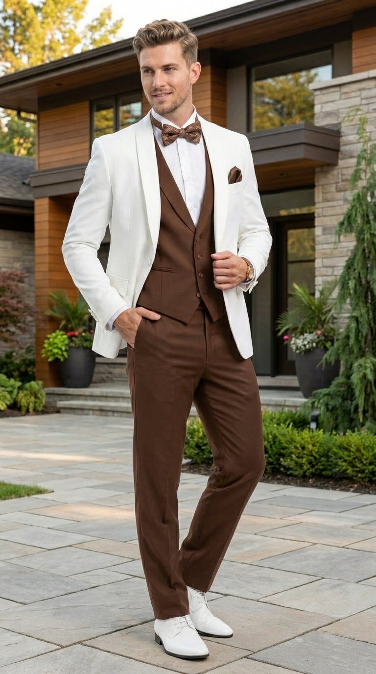Men’s Ivory and Brown 3 Piece Suit – Elegant White Blazer with Brown Vest and Trousers for Wedding, Prom and Formal Events in off White Cream + Bowtie - 34 Short or Extra Small