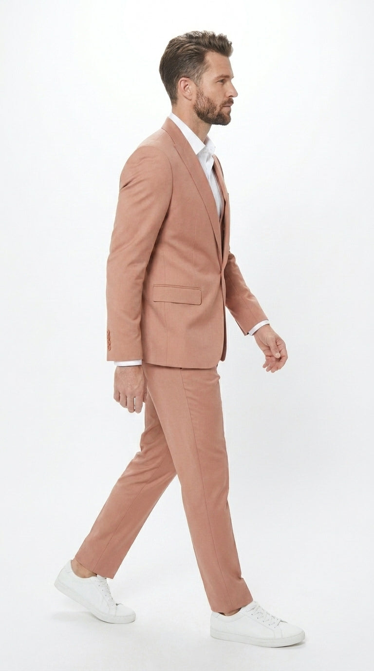 Men’s Peach Light Brown 3 Piece Suit – Wedding & Prom Formal Suit Set, Blazer Pants Double breasted vest - 34 Short or Extra Small