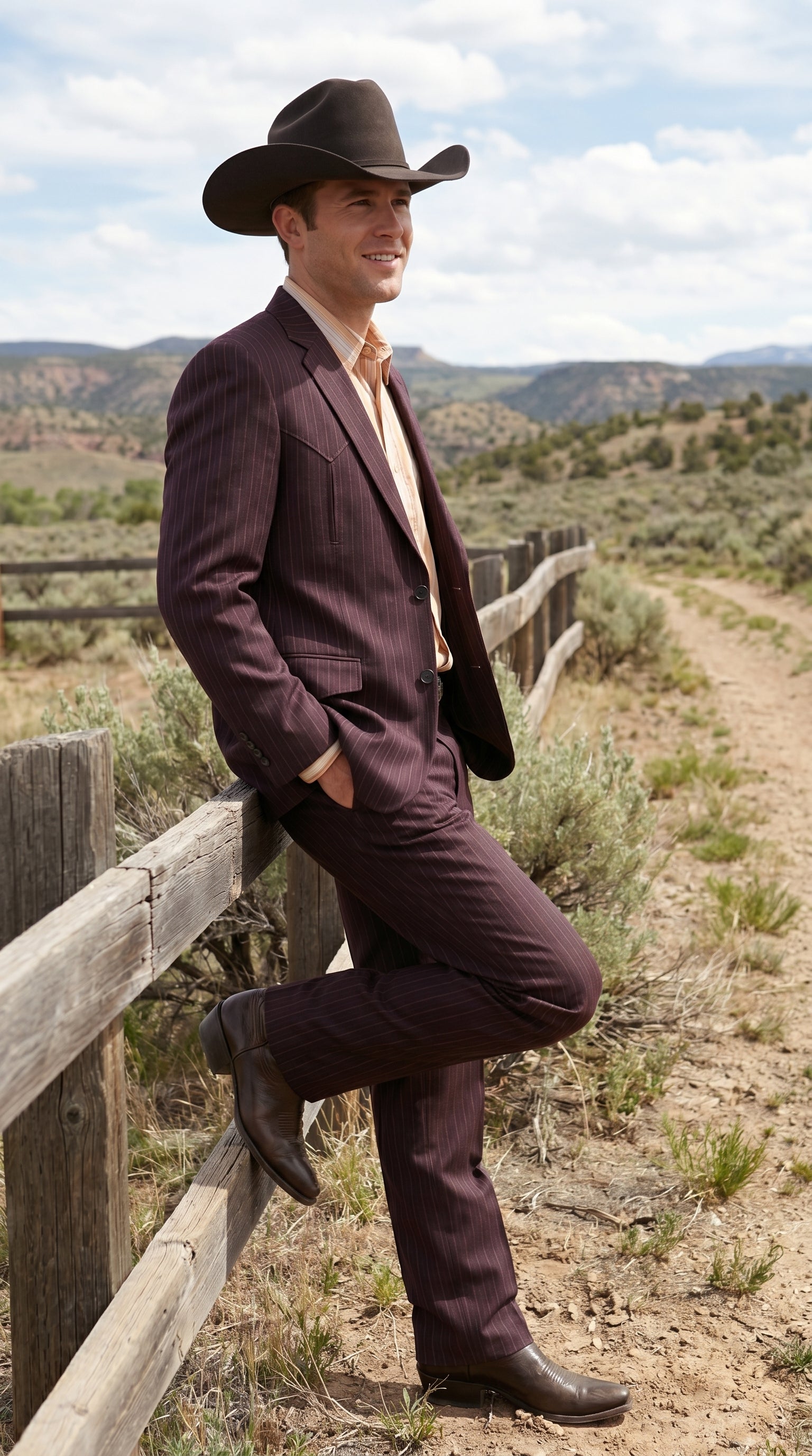 Men’s Brownish Black Pinstripe Western Suit, Cowboy Formal Wedding Ranch Dress Suit Set Slim Fitted - 36R