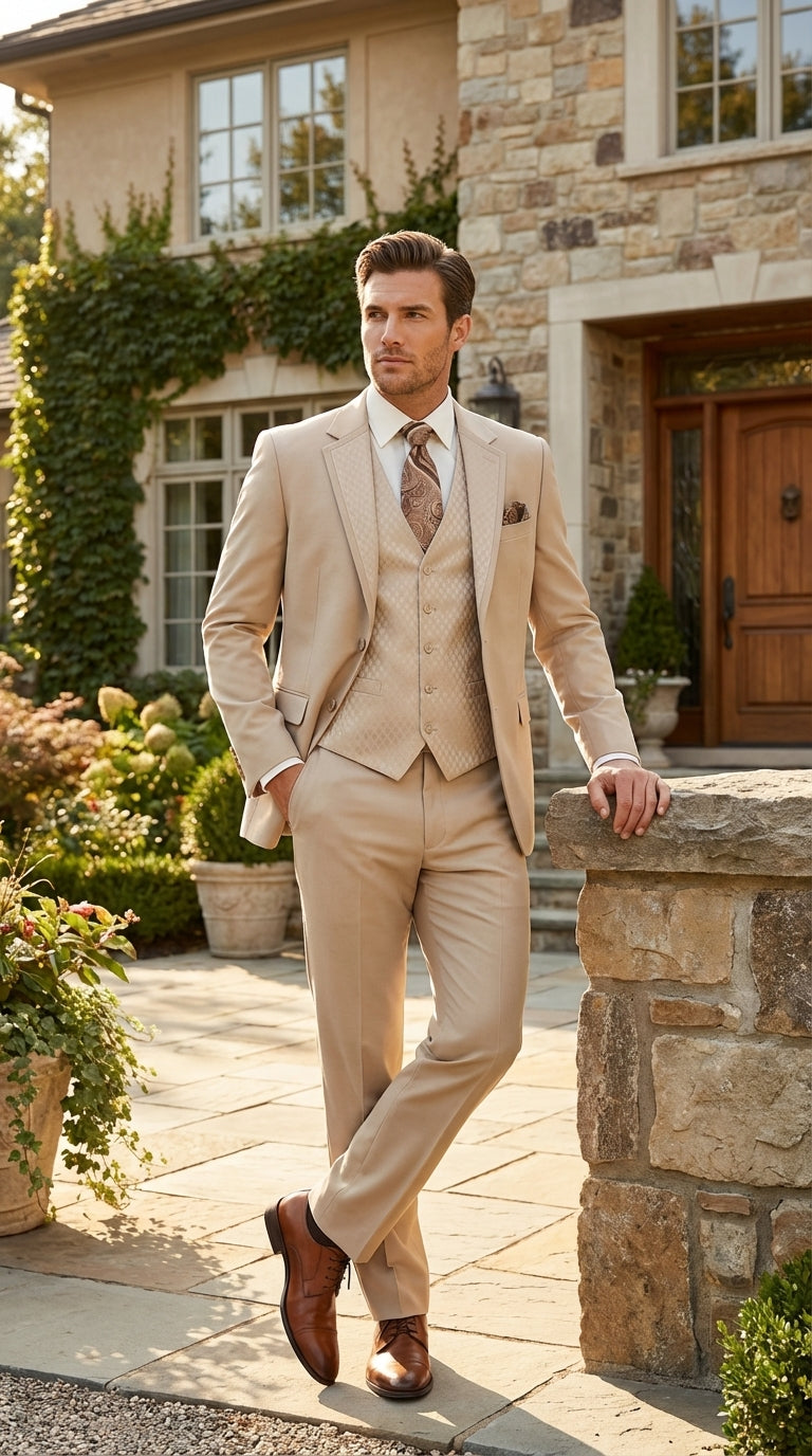 Men’s Tan Beige 3 Piece Tuxedo Suit – Beige Formal Suit Set with Vest, Patterned Lapel and Tie for Wedding, Prom in Tan Khaki Color - 34 Short or Extra Small