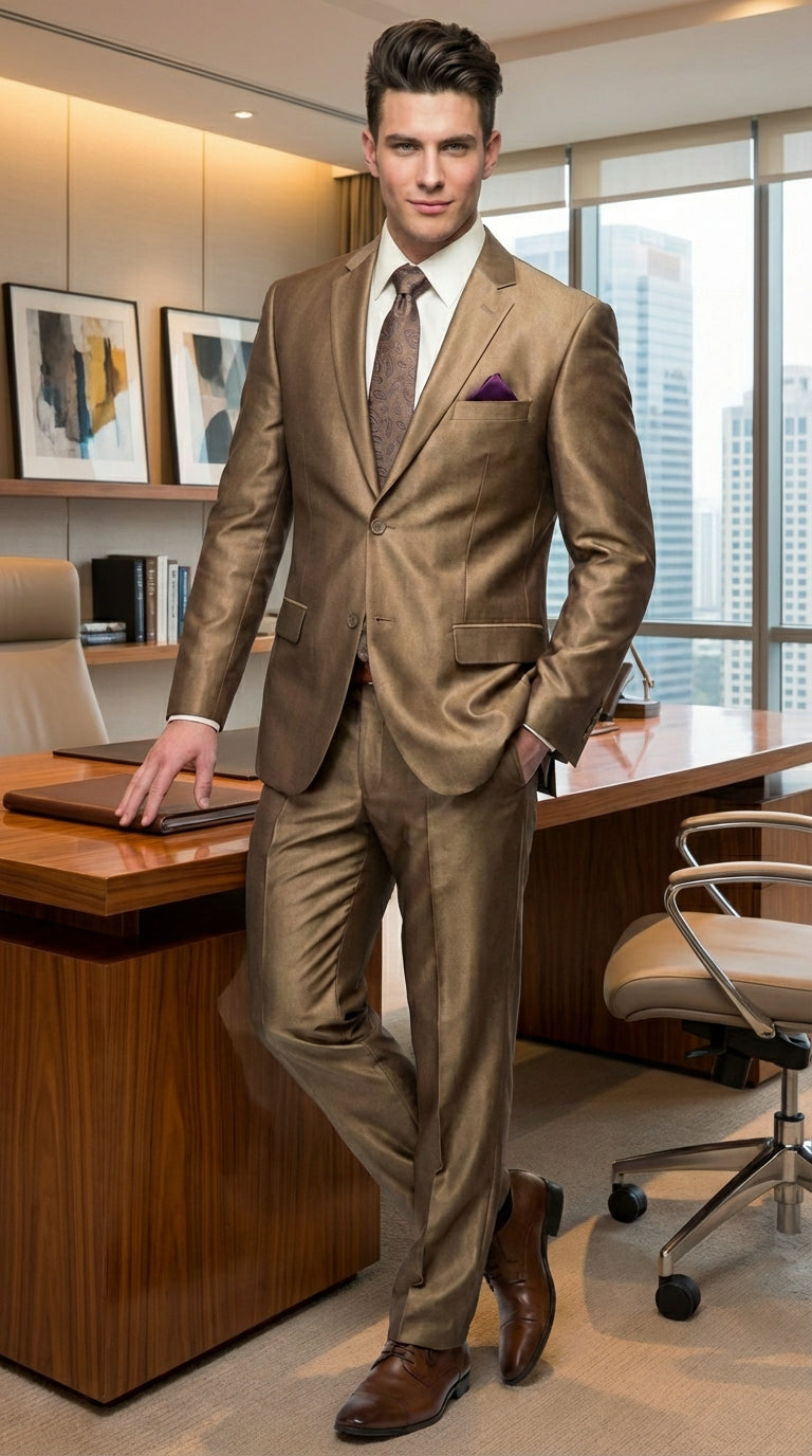 Mens Gold Brown Tan Beige Khaki Bronze Formal Suit – Luxury Metallic Finish Wedding and Prom Suit for Men - 34 Short or Extra Small