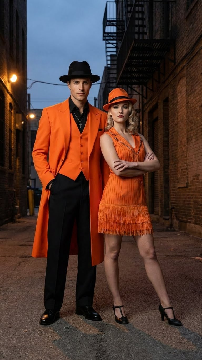 Men’s halloween Costume Orange Long Zoot Suit Set With Black Shirt and Black Pants included - 34 Short or Extra Small