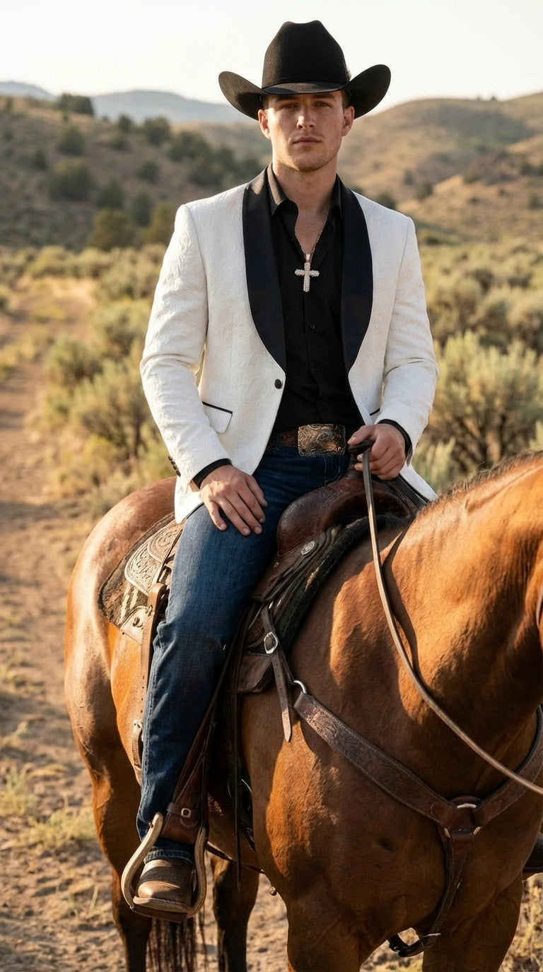 Men’s White Cowboy Blazer with Black Shawl Lapel – Western Formal Jacket for Wedding and Special Events - 36 Short