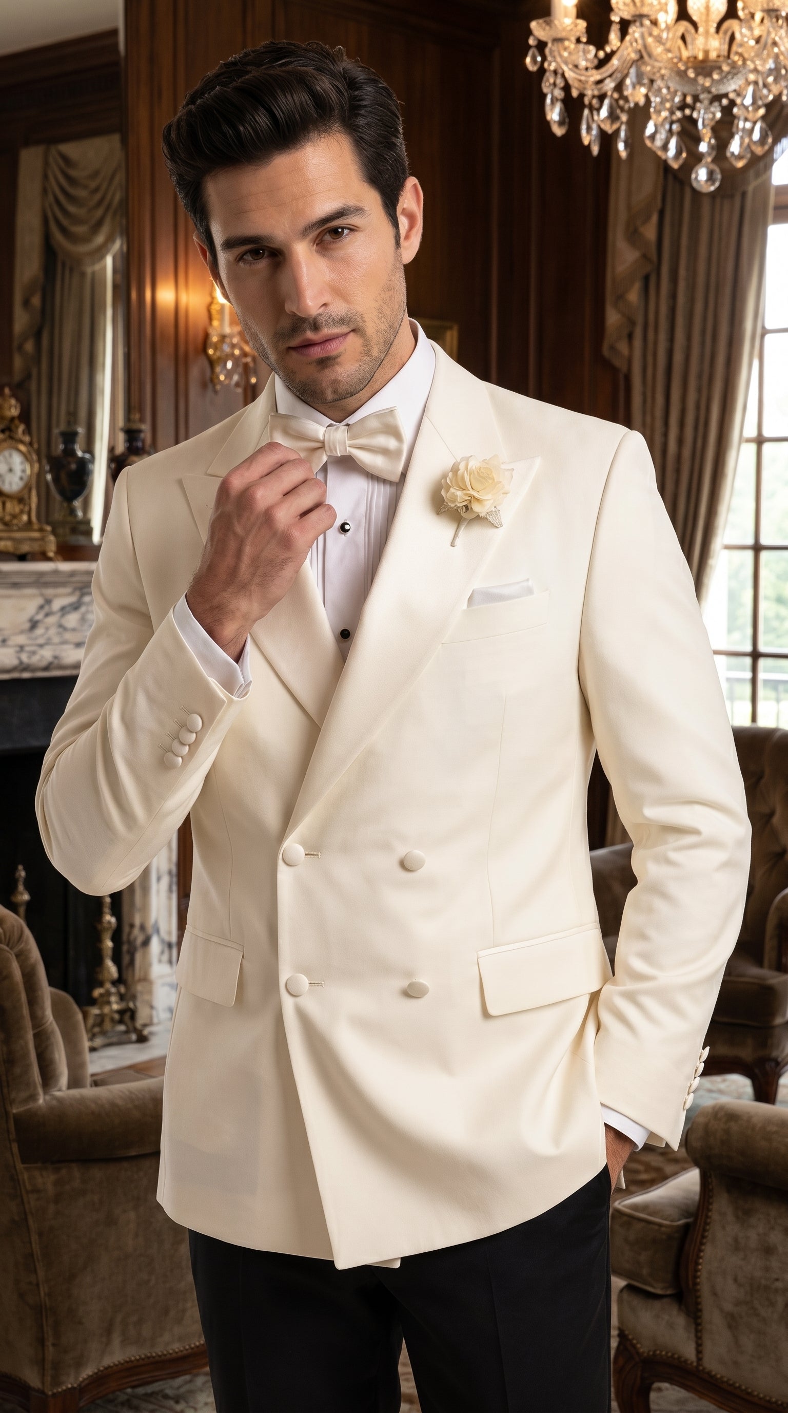 Men’s Ivory Double Breasted Dinner Jacket, Peak Lapel Formal Wedding Prom Tuxedo Blazer in cream off white color - 36 Short