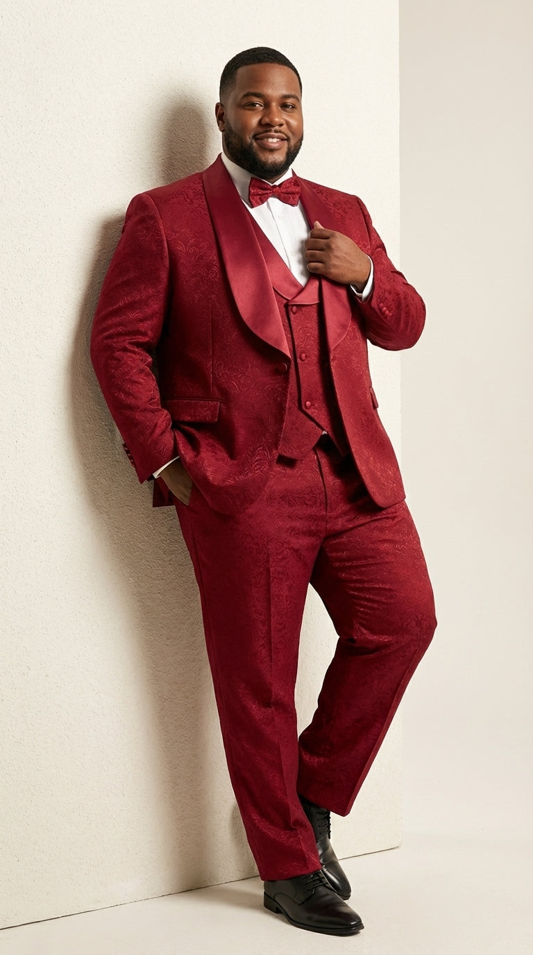Mens Burgundy Wedding Tuxedo Suit – Paisley Three Piece Formal Suit Set with Shawl Lapel for Groom, Prom - 34 Short or Extra Small